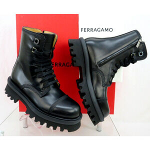 NIB FERRAGAMO FARAWAY BLACK LEATHER LOGO PLATFORM LACE UP ZIP ANKLE BOOTS 10.5 M